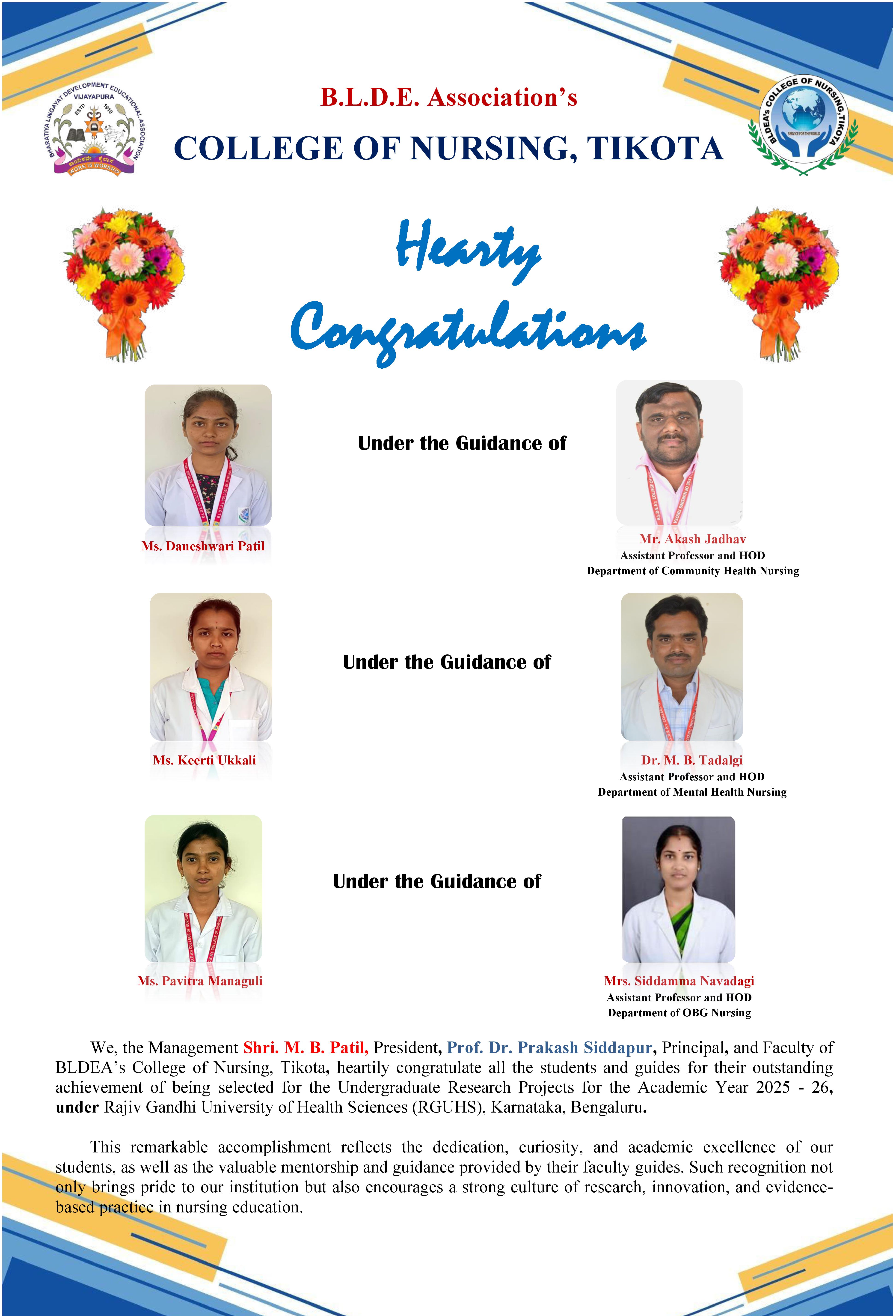 ಬಿಎಲ್ಡಿಇ ಸಂಸ್ಥೆಯ ನರ್ಸಿಂಗ್ ಮಹಾವಿದ್ಯಾಲಯ, ತಿಕೋಟಾದ ಆರನೇ ಸೆಮಿಸ್ಟರ್ ಬಿ.ಎಸ್ಸಿ. ನರ್ಸಿಂಗ್ ವಿದ್ಯಾರ್ಥಿಗಳಿಗೆ ಸ್ನಾತಕೋತ್ತರ ಸಂಶೋಧನಾ ಅನುದಾನ